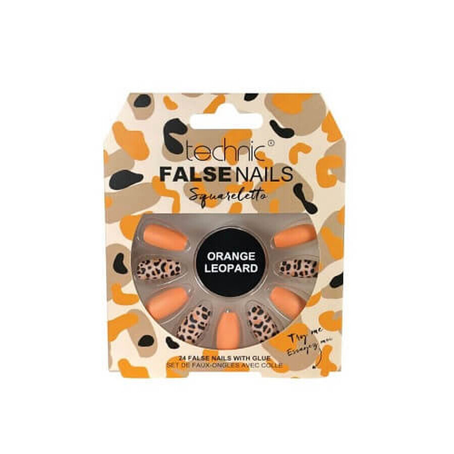 Set mit 24 falschen Nägeln, Technic, Falsche Nägel, Squareletto, Orange Leopard, inklusive Kleber