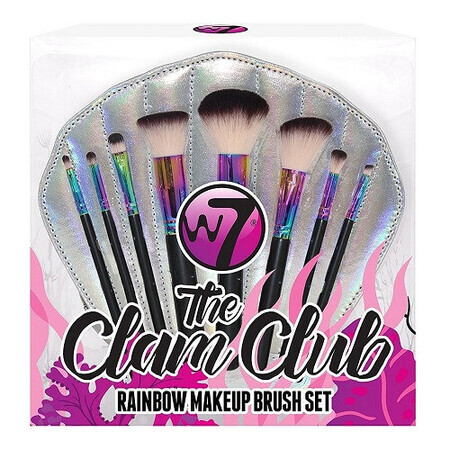 Set di 8 pennelli per il trucco, W7, The Clam Club Rainbow, sacchetto di conservazione incluso