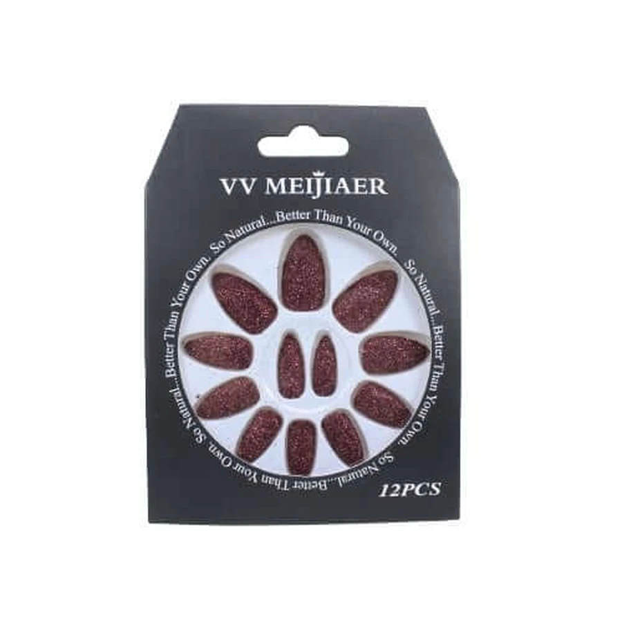 Set di 12 unghie finte glitterate, VV Meijiaer, Borgogna