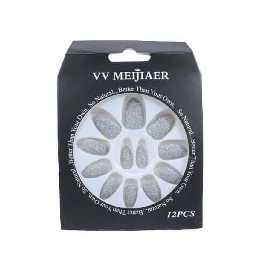 Set di 12 unghie finte glitterate, VV Meijiaer, argento