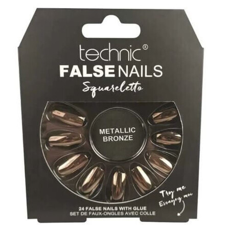 Set van 24 kunstnagels, inclusief lijm, Technic, Kunstnagels, Squareletto, Metallic Bronze