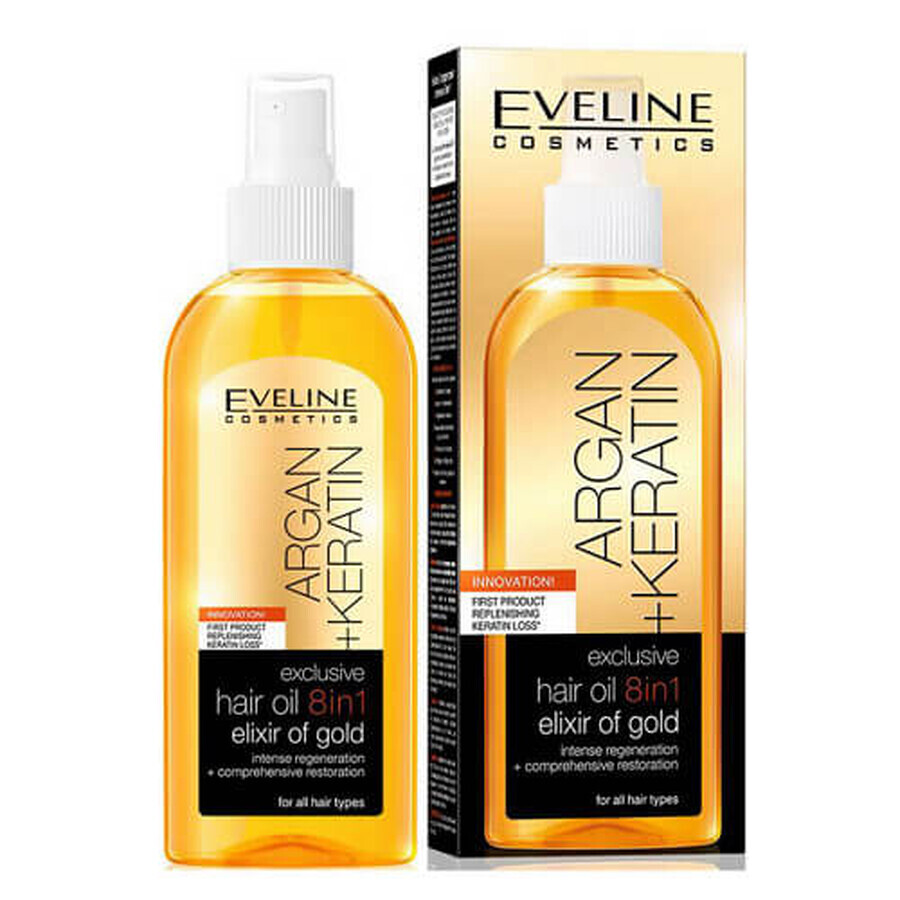 Regenerierendes Haaröl, Eveline Cosmetics, 8 in 1 Elixier aus Gold, Argan + Keratin, 150 ml