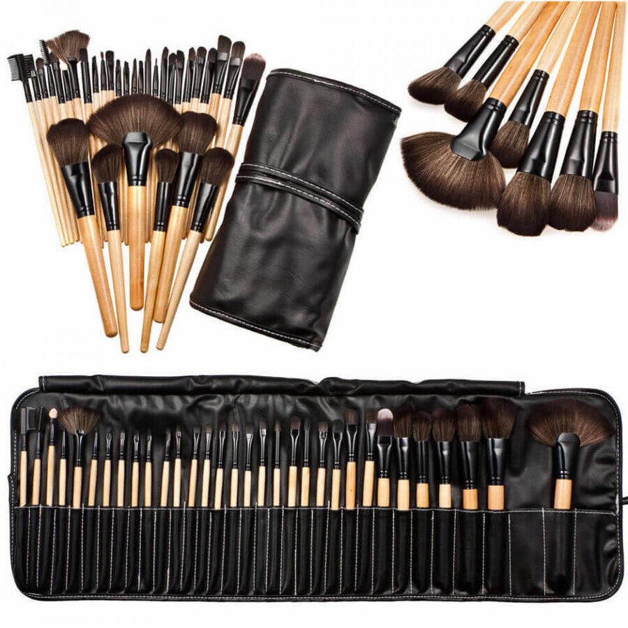 Set di 32 pennelli da trucco in legno naturale Fraulein38 + sacchetto di conservazione