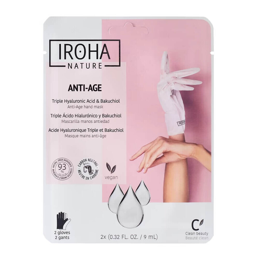 Iroha Nature Anti-Age Mască anti-îmbătrânire a mâinii pentru rk Triple Hyaluronic Acid amp; Bakuchiol, 2x9ml