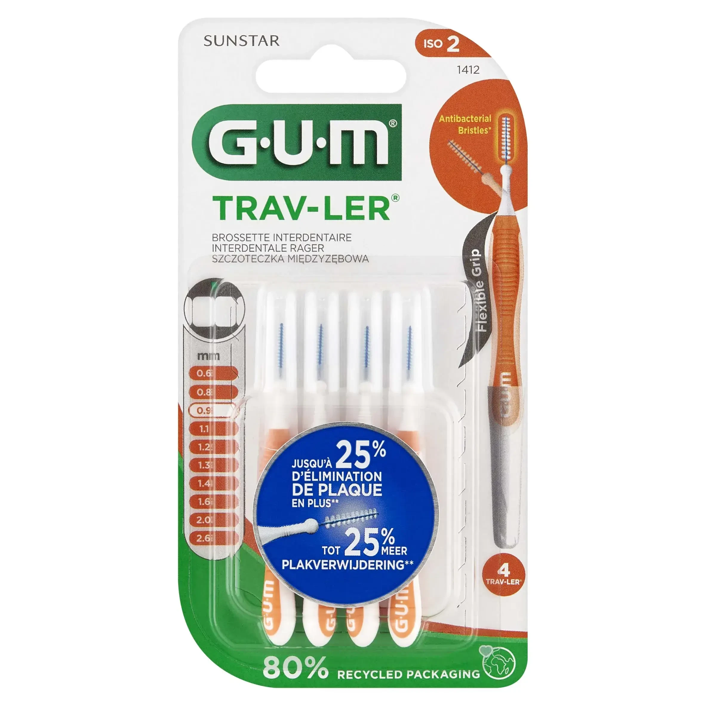 Sunstar GUM Trav-Ler, midzzyg tandenborstel 0,9 mm 1412, 4 stuks