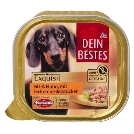 Dein Bestes, Wet dog food, Exquisit, 60% chicken with tasty poldwica caviar, 300 g