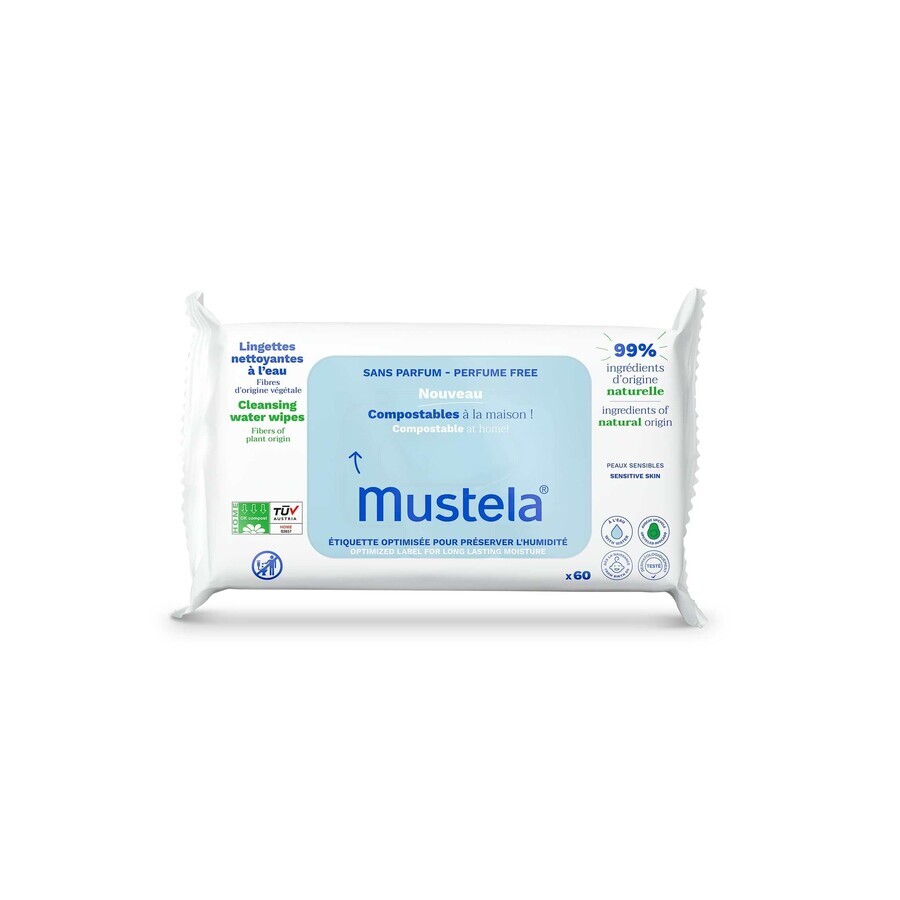 Mustela, Water composteerbare reinigingsdoekjes, vanaf de geboortedag, 60 stuks