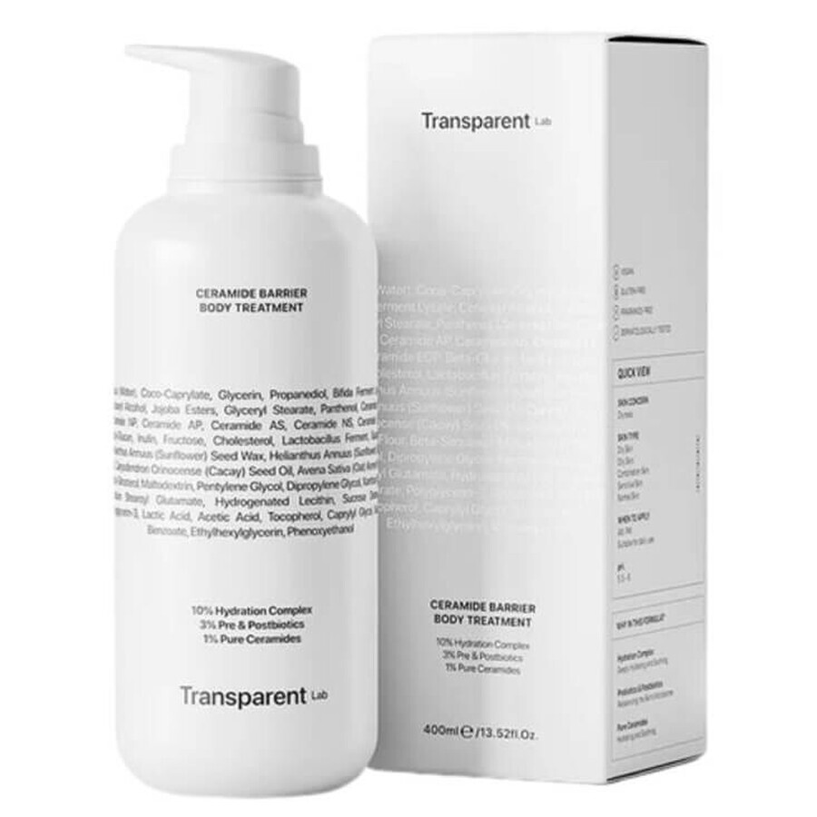 Crema hidratante corporal con ceramidas, 400 ml, Transparent Lab