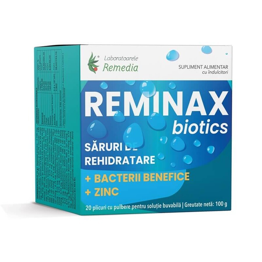 Reminax Biotics rehydration salts + beneficial bacteria and zinc, 20 sachets, Remedia