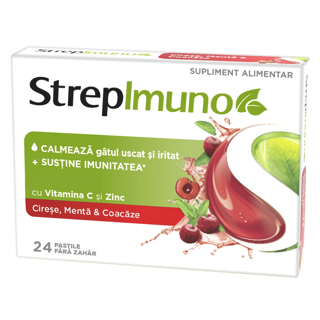 Strepimuno met kersen, munt en krenten, 24 zuigtabletten, Reckitt Benckiser
