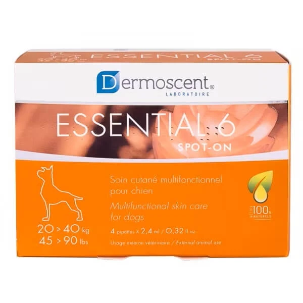 Multifunctioneel huidverzorgingsproduct voor honden van 20-40 kg, aangepast aan alle huid- en haartypen Essential 6 Spot On, 4 x 2,4 ml, Dermoscent
