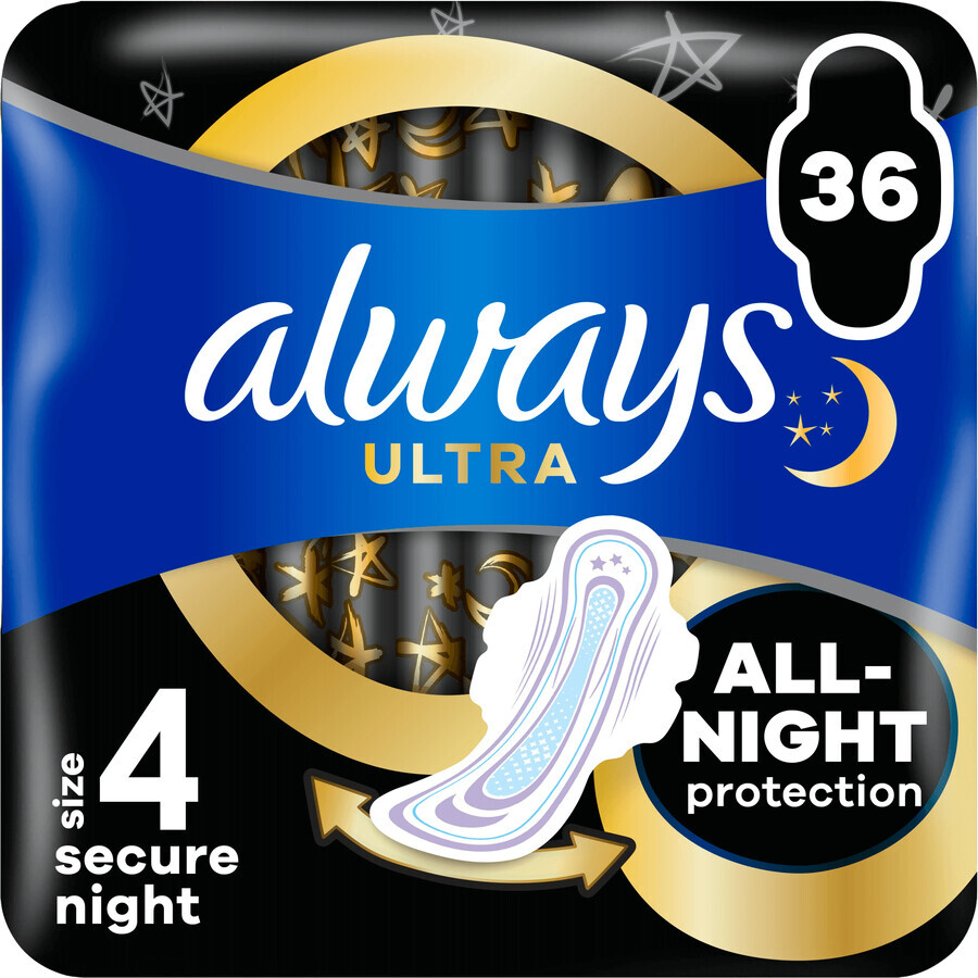 Always Ultra Secure Nighttime Sanitary Pads (size 4) with wings 36 pcs