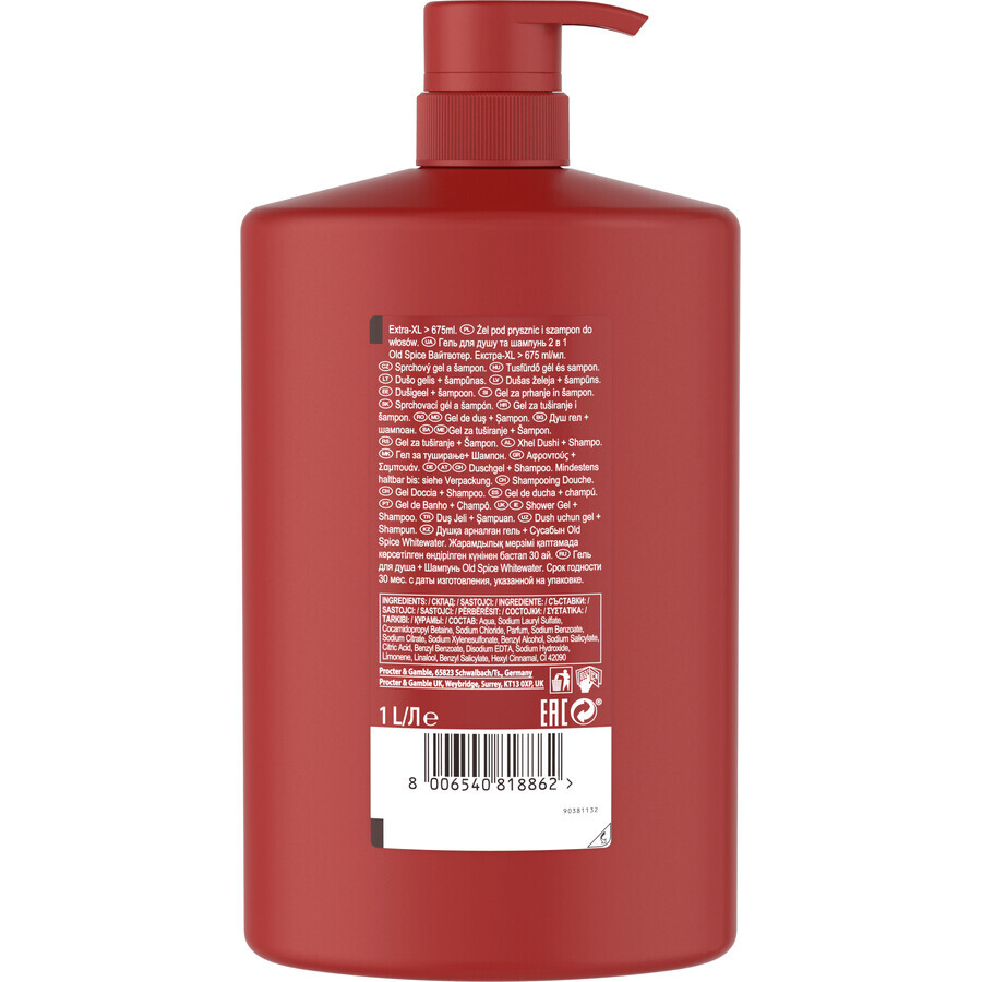 Old Spice Whitewater Gel douche et shampooing pour hommes au parfum frais 1000 ml