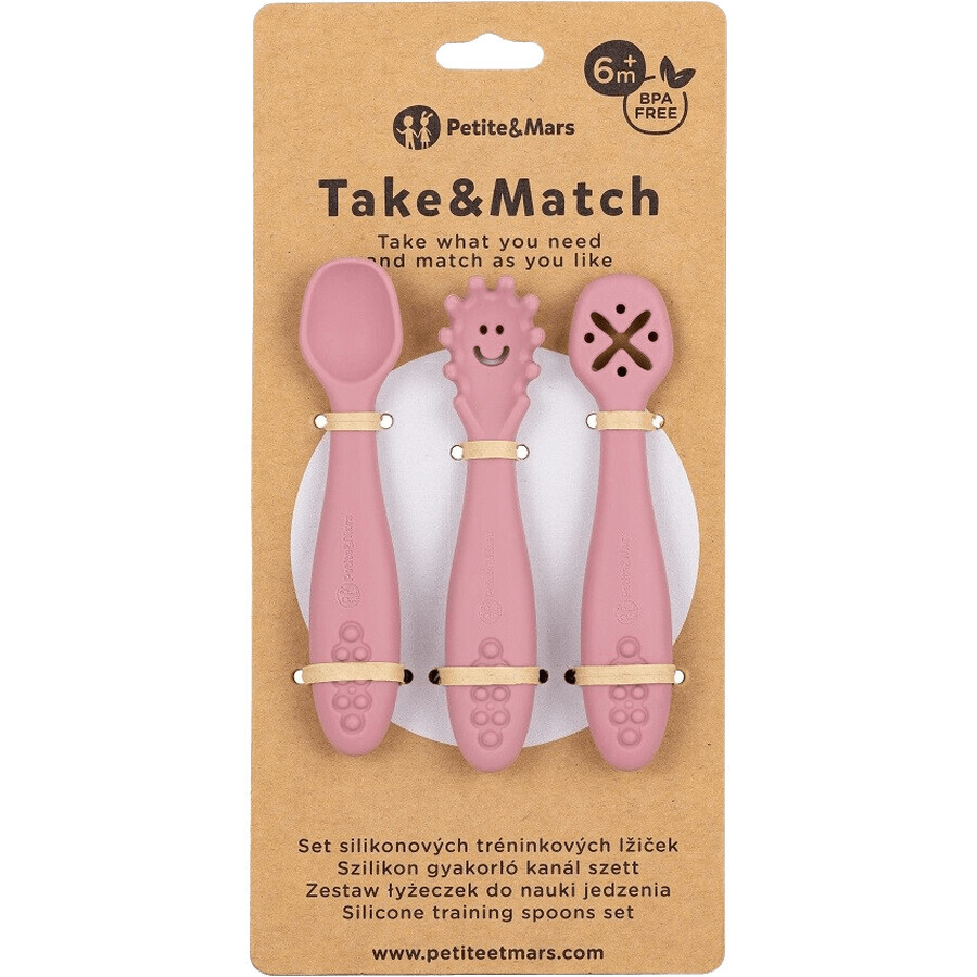 Petite&Mars Silikon-Trainingslöffel Set Take&Match Dusty Rose 6m+ 3 Stück