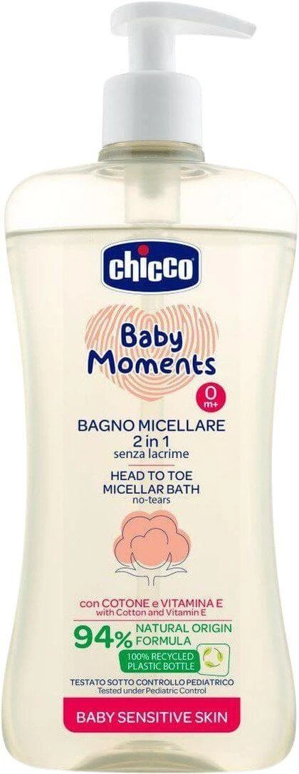 Chicco Baby Moments Sensitive micellaire shampoo voor haar en lichaam met dispenser 94% natuurlijke ingrediënten 500 ml