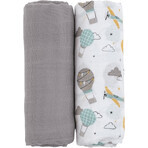 Petite&Mars Bambus-Musselin-Decke Misty Grey Planes 2in1, 120 x 120 cm 2 Stück