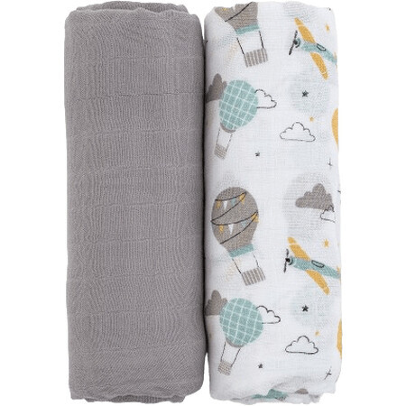 Petite&Mars Bambus-Musselin-Decke Misty Grey Planes 2in1, 120 x 120 cm 2 Stück