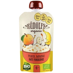 Rudolfs Organic Fruit snack sin gluten Melocotón, plátano, copos de avena integrales 110 g
