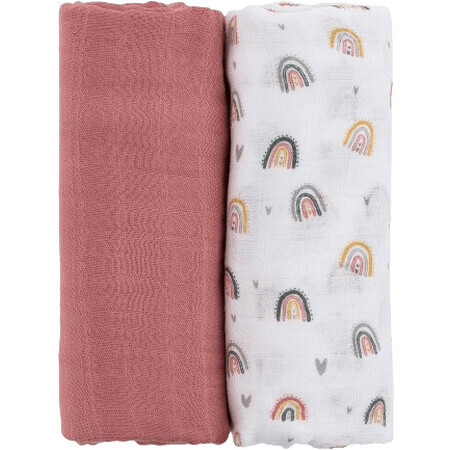 Petite&Mars Bambus-Musselin-Decke Misty Rose Rainbow 2in1, 120 x 120 cm 2 Stück