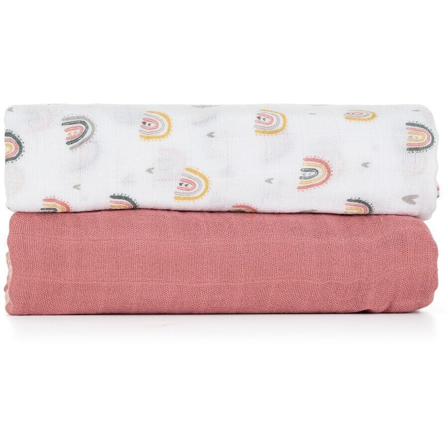 Petite&Mars Bambus-Musselin-Decke Misty Rose Rainbow 2in1, 120 x 120 cm 2 Stück