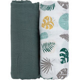 Petite&Mars Bambus-Musselin-Decke Misty Green Leaves 2in1, 120 x 120 cm 2 Stück