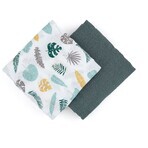 Petite&Mars Bambus-Musselin-Decke Misty Green Leaves 2in1, 120 x 120 cm 2 Stück