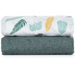 Petite&Mars Bambus-Musselin-Decke Misty Green Leaves 2in1, 120 x 120 cm 2 Stück