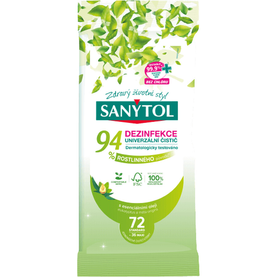 Sanytol Universal disinfecting detergent 94% vegetable origin, wipes 72 pcs