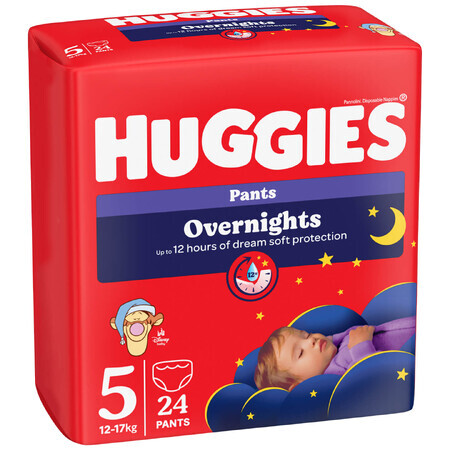 Elite Soft Overnights Mutandine notturne Elite Soft Overnights Nr.5, 12-17 kg, 24 pezzi, Huggies