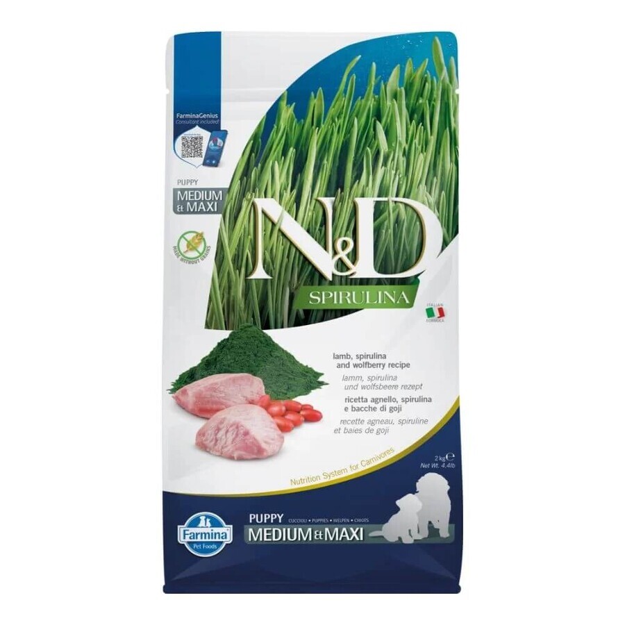 Gedroogd lamsvoer voor honden N&D Spirulina Medium/Maxi Puppy, 2000 g, Farmina