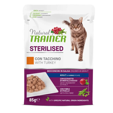 Natvoer met kalkoen voor gesteriliseerde volwassen katten, 85 g, Natural Trainer