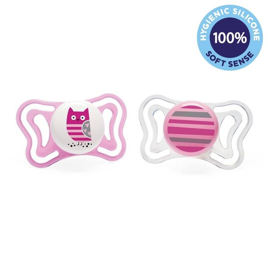 CHICCO Physio Light silicon suzetă fată - bufniță/stripe 2 buc, 6-16 m+ 1×2 buc, suzetă ortodontică