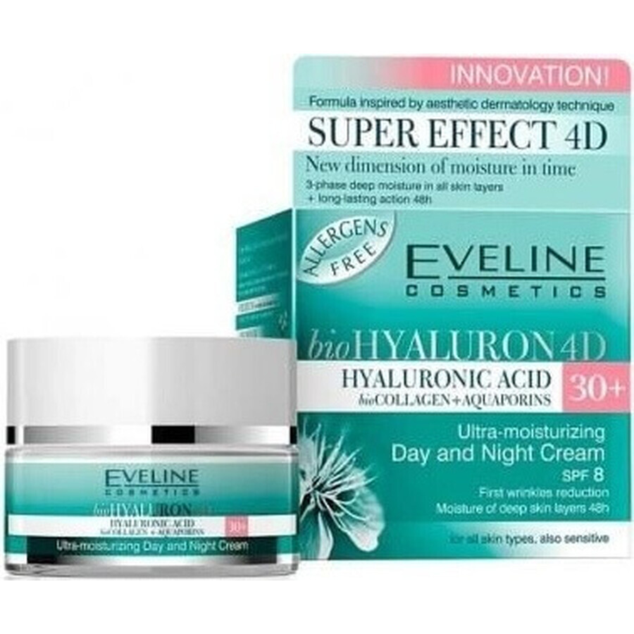 Eveline Hyaluron Clinic Day and Night Cream 30+ 1×50 ml, crème profondément hydratante pour les premières rides