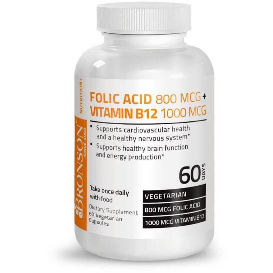 Acide folique 800 mcg et vitamine B12 1000mcg, 60 gélules, Bronson