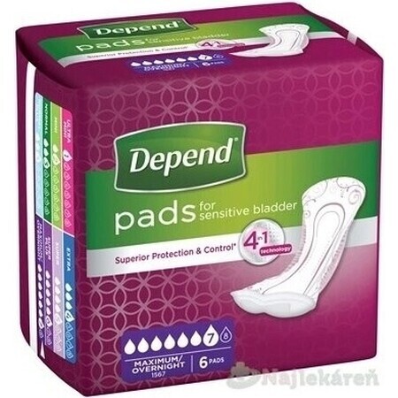 DEPEND MAXIMUM Inkontinenzeinlagen für Frauen, 12,5x34 cm, Absorption 953 ml, 1x6 Stück