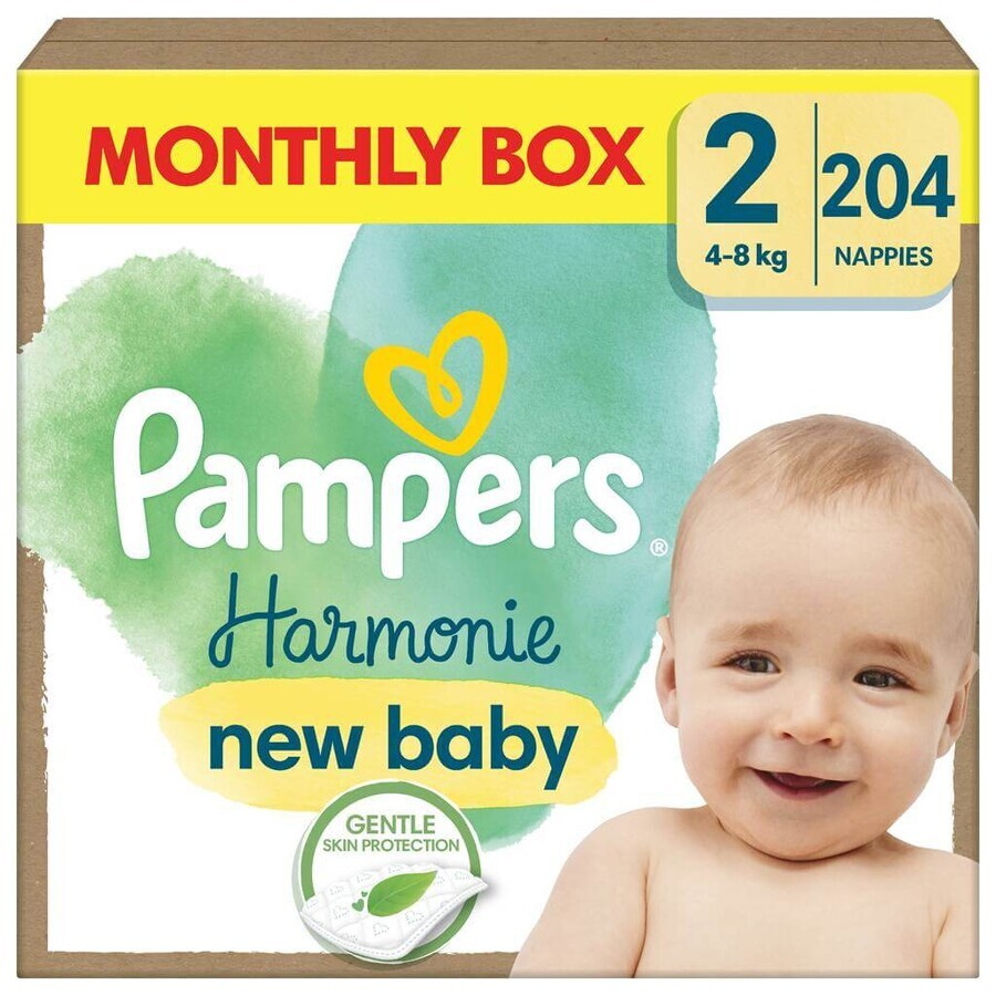 PAMPERS HARMONIE BABY LUIEREN V.2 4-8KG 204KS 1×204 stuks, luiers maat 2