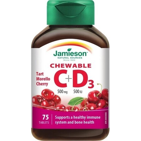 JAMIESON VITAMINAS C y D3 cerezas 500 mg/ 500 UI 1×75 tbl, VITAMINAS C y D3, cerezas