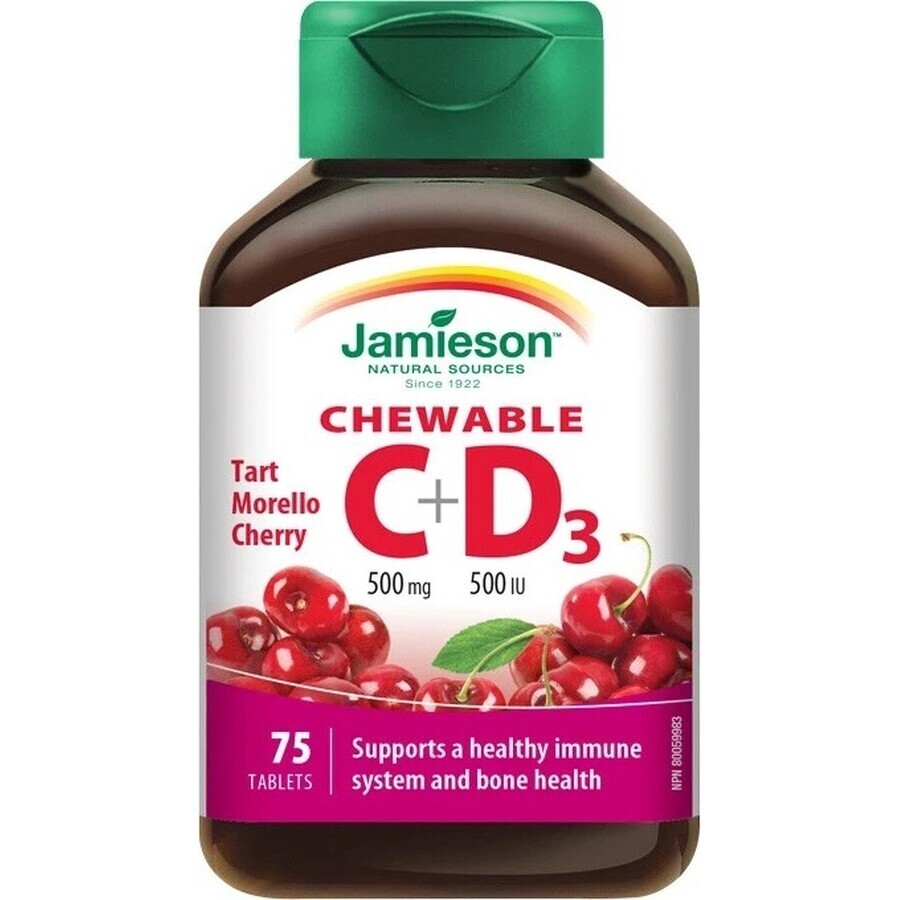 JAMIESON VITAMINAS C y D3 cerezas 500 mg/ 500 UI 1×75 tbl, VITAMINAS C y D3, cerezas