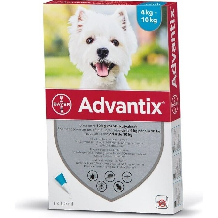 Advantix Spot-on voor honden van 4 tot 10 kg (4 pipetten) 4x1 ml