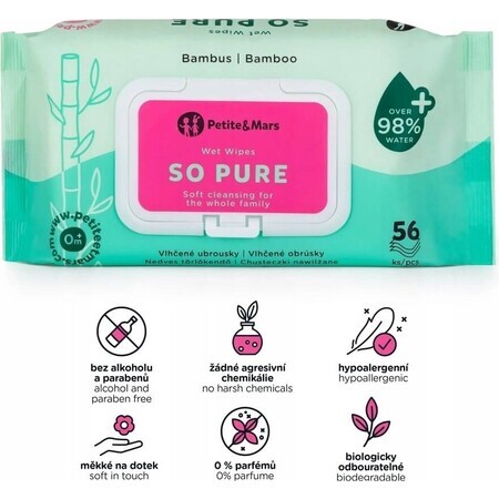 PETITE&MARS Feuchttücher SO PURE Bambus biologisch abbaubar plastikfrei 56 Stück 1×56 Stück, Feuchttücher