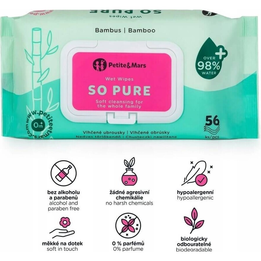 PETITE&MARS Feuchttücher SO PURE Bambus biologisch abbaubar plastikfrei 56 Stück 1×56 Stück, Feuchttücher