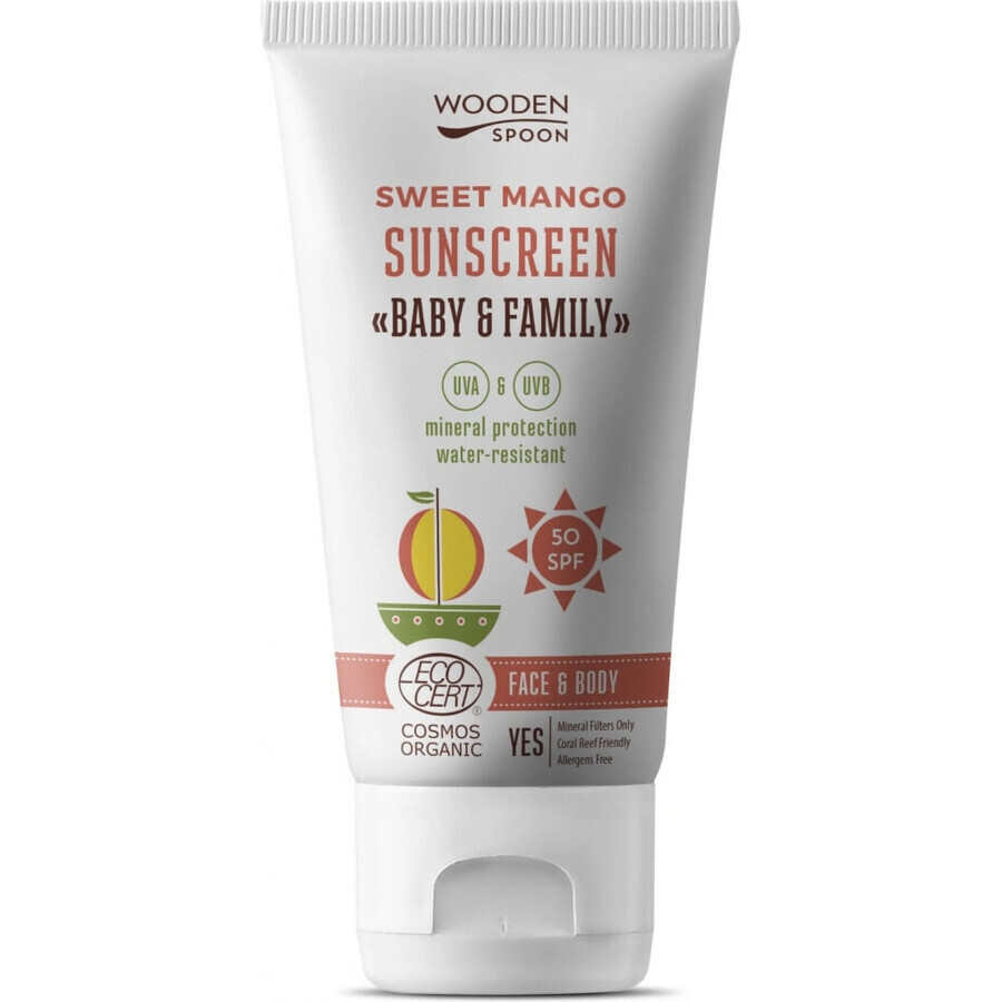 Wooden Spoon Sunscreen Body Lotion Mango Baby & Family SPF 50 1×100 ml, Loțiune de corp cu protecție solară