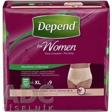 DEPEND SUPER XL pentru femei 1×9 buc, chiloți stretch, circumferința șoldului 120-150 cm