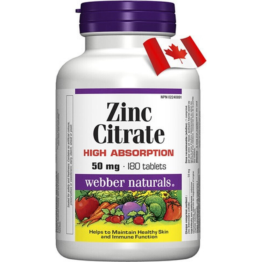 WEBBER NATURALS Zink 50 mg Citraat 1×180 tbl, voedingssupplement