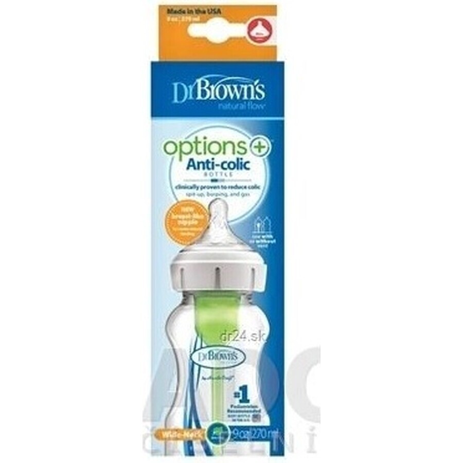 Dr.BROWN'S BABY BOTTLE OPTIONS+ 270 ml 1×1 Stück, mit weitem Hals, 0M+, antikolik, Glas, weiß