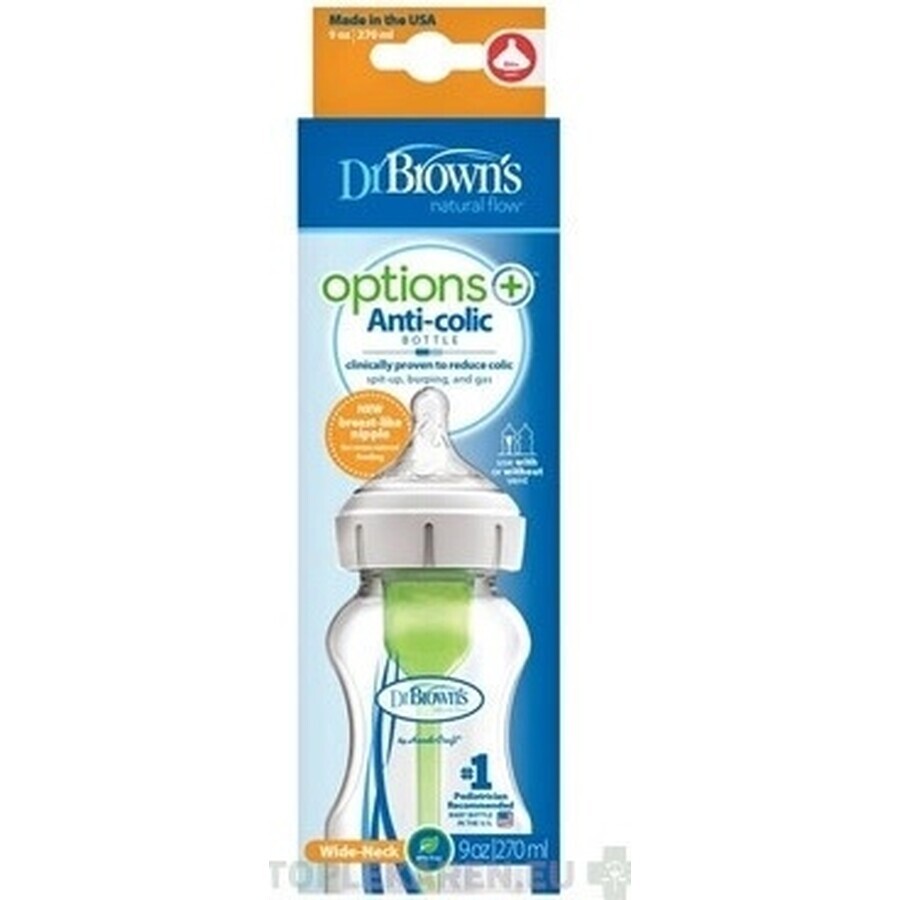 Dr.BROWN'S BABY BOTTLE OPTIONS+ 270 ml 1×1 Stück, mit weitem Hals, 0M+, antikolik, Glas, weiß