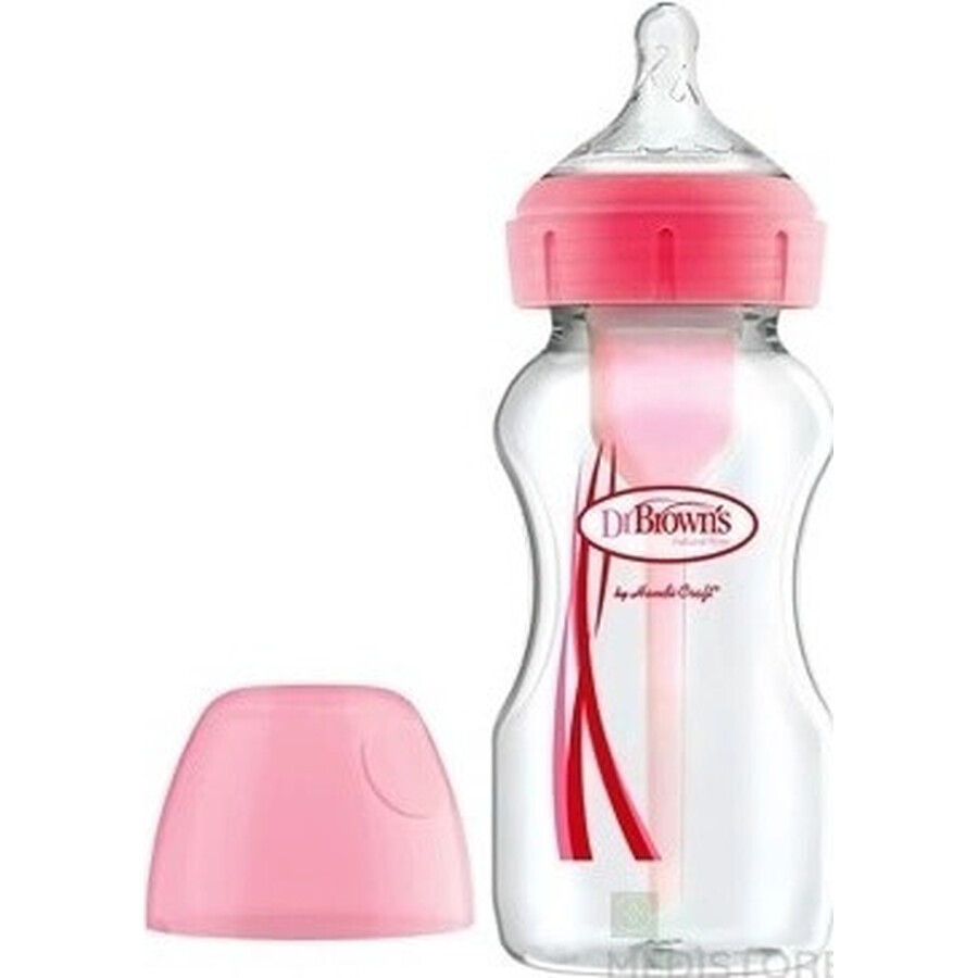 Dr.BROWN'S BABY BOTTLE OPTIONS+ 270 ml 1×1 Stück, mit weitem Hals, 0M+, antikolik, Glas, weiß