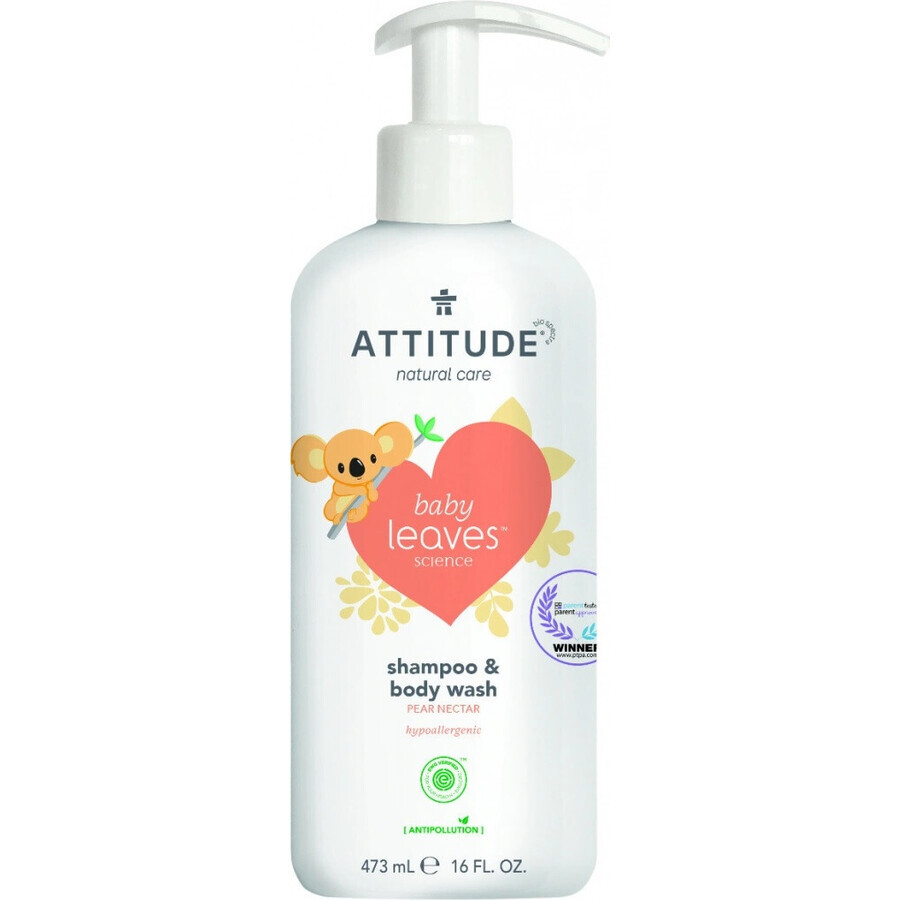 ATTITUDE Babyzeep en -shampoo (2 in 1) Babyblaadjes met perensaparoma 1×473 ml, bodylotion voor baby's