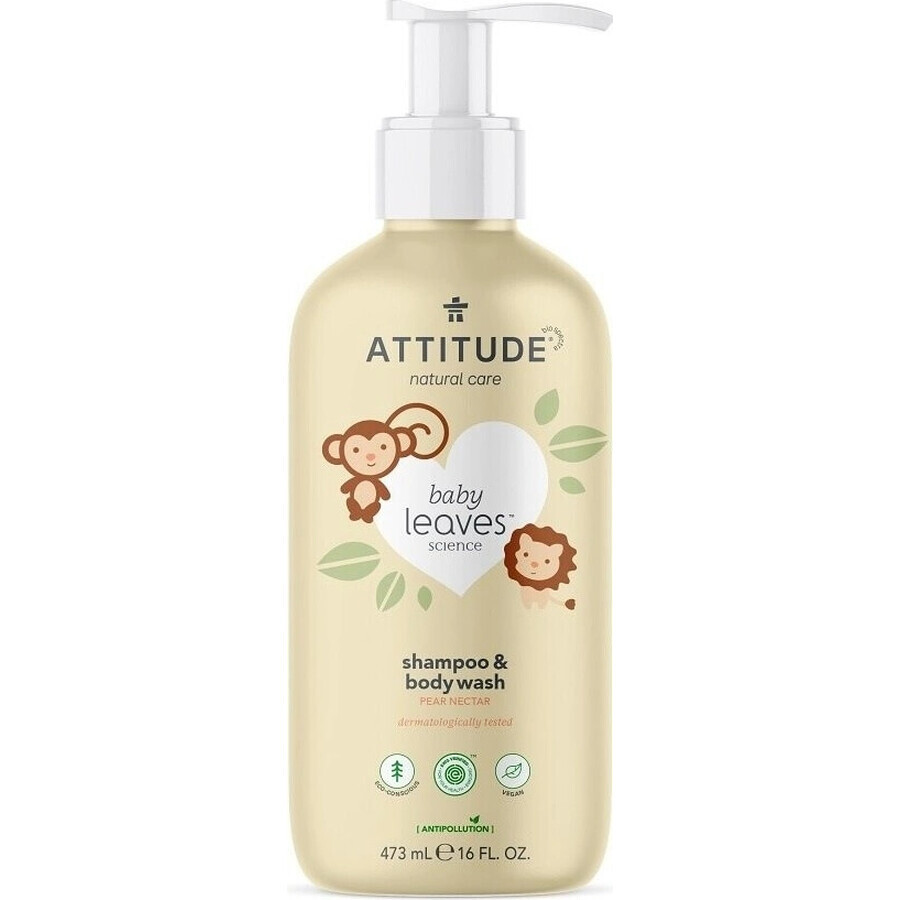 ATTITUDE Babyzeep en -shampoo (2 in 1) Babyblaadjes met perensaparoma 1×473 ml, bodylotion voor baby's