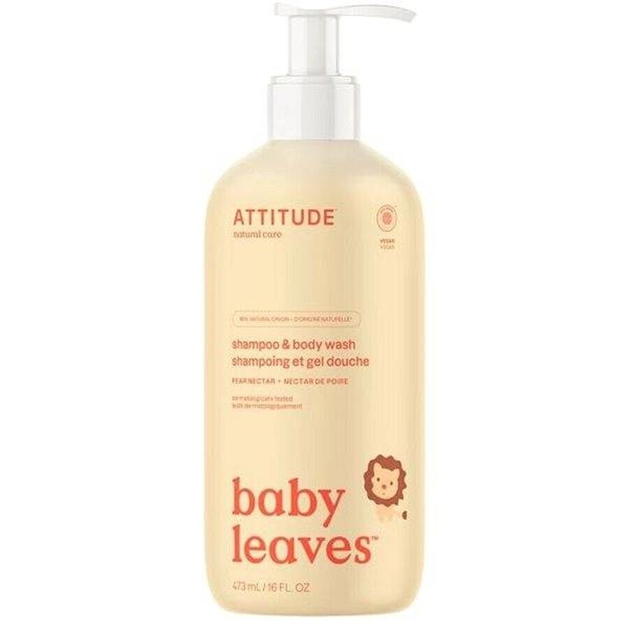 ATTITUDE Babyzeep en -shampoo (2 in 1) Babyblaadjes met perensaparoma 1×473 ml, bodylotion voor baby's